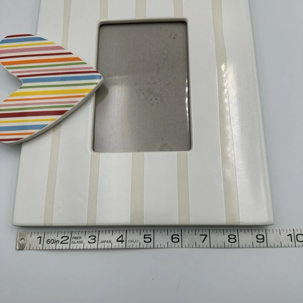 Coton Colors Happy Everything White Striped 4x6 Picture Frame Mini Heart Attach